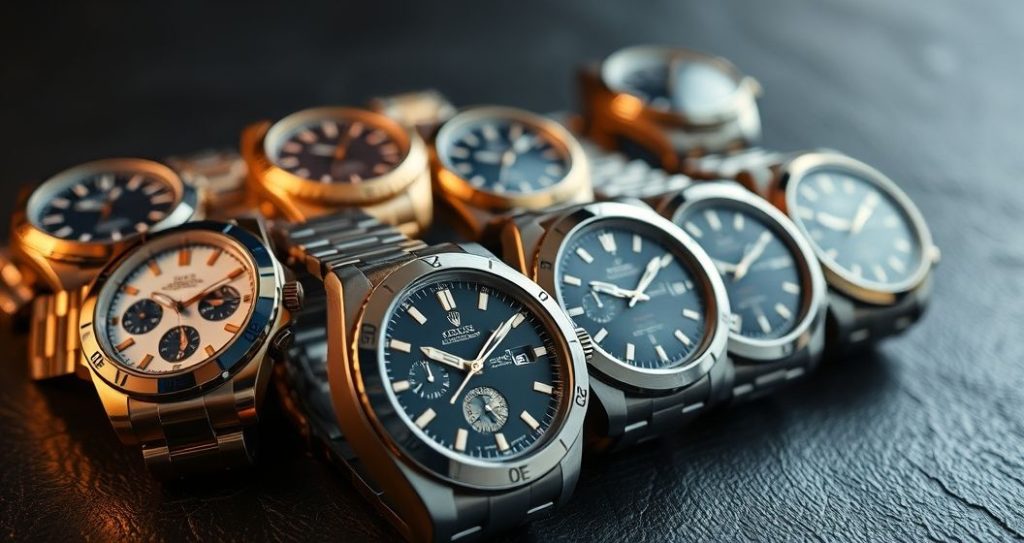 AI generated (Gemini + Flux) featured image for: Yüksek Kalite Replika Saatler: Prestij & Koleksiyonculuk (Prompt: A high end product photography image showing a meticulously arranged collection of luxury replica wa)
