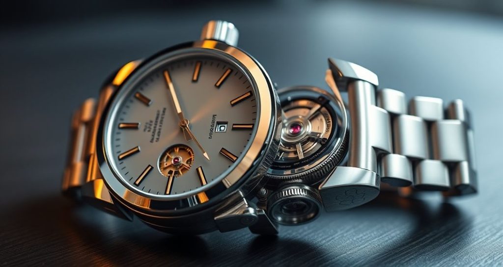 AI generated (Gemini + Flux) featured image for: Yüksek Kalite Replika Saatler ve ETA Mekanizması Sırları (Prompt: A high detail, photorealistic studio image showing a luxury automatic watch artfully disassembled. T)