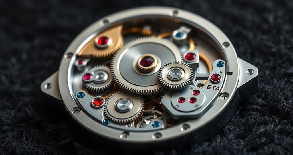 AI generated (Gemini + Flux) featured image for: Yüksek Kalite Replika Saatlerde ETA Mekanizması: Gerçek İsviçre Tecrübesi (Prompt: A hyperrealistic, ultra detailed macro studio shot image showing a gleaming ETA watch movement with )