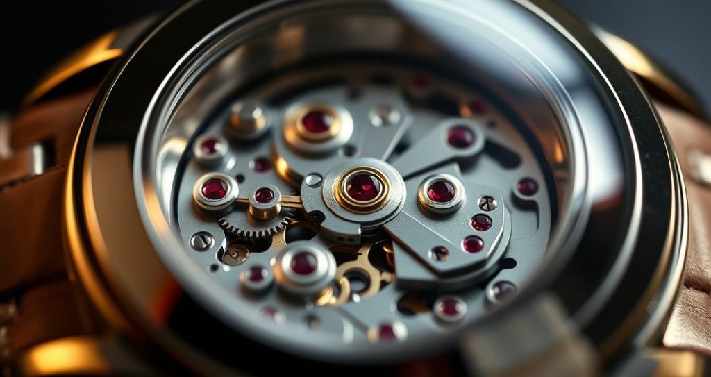 AI generated (Gemini + Flux) featured image for: Yüksek Kalite Replika Saatlerde ETA Mekanizması: Sırlar ve Bakım (Prompt: A macro photographic, highly detailed image showing a gleaming ETA watch movement partially exposed )