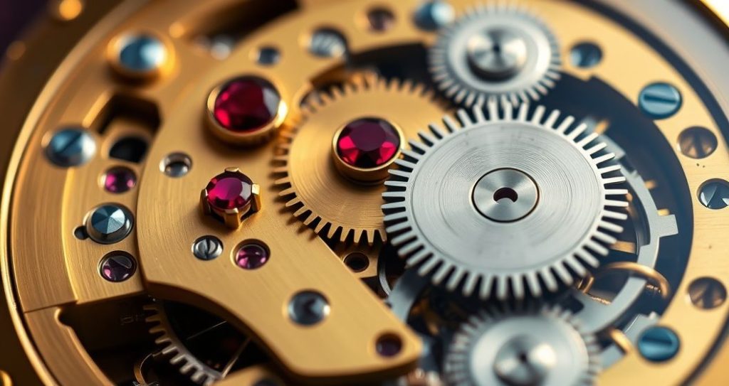 AI generated (Gemini + Flux) featured image for: Yüksek Kalite Replika Saatlerin Kalbi: İsviçre Eta Mekanizması (Prompt: A hyperrealistic macro photograph image showing intricate gears and rubies of a high quality mechani)