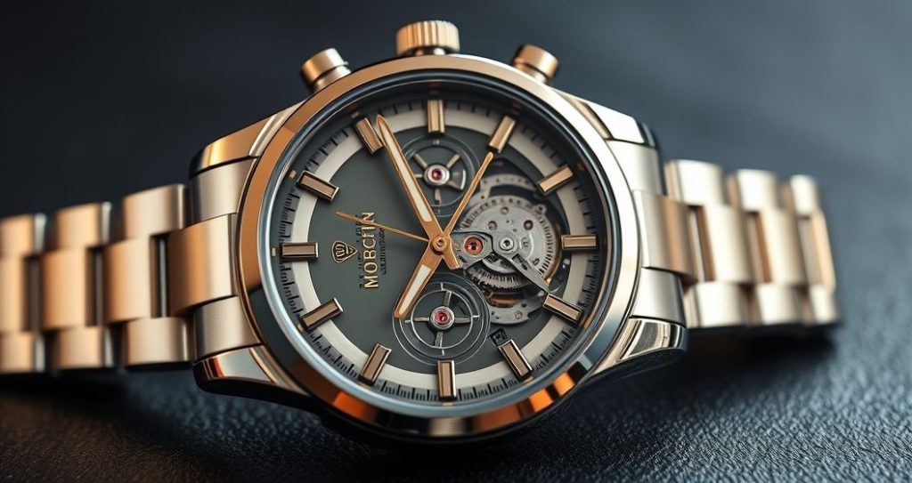 AI generated (Gemini + Flux) featured image for: Yüksek Kaliteli ETA Otomatik Saatler: Lüksünüzü Tanımlayın (Prompt: A hyper realistic, elegant product photography image showing a sophisticated automatic watch. The co)