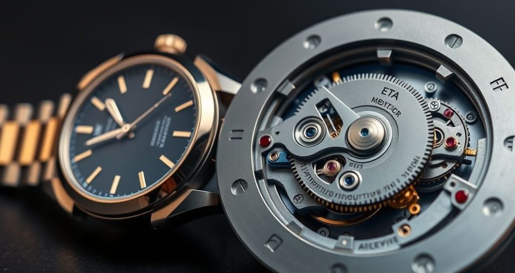 AI generated (Gemini + Flux) featured image for: Yüksek Kaliteli Replika Saatler: ETA Mekanizmasının Sırrı (Prompt: A hyperrealistic product photography image showing a high quality replica wristwatch with its intric)