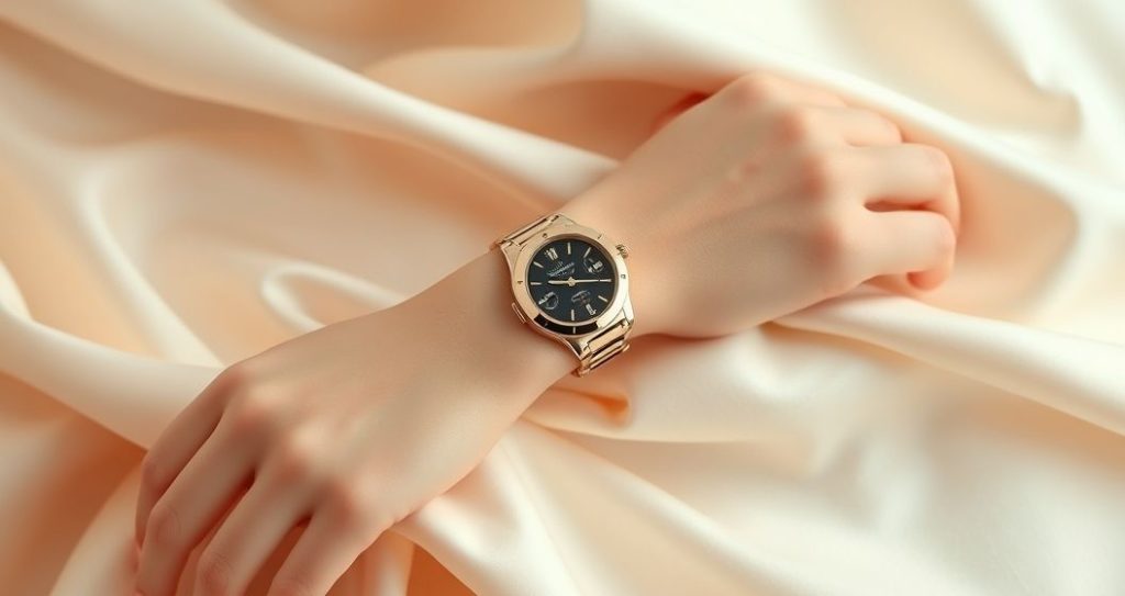AI generated (Gemini + Flux) featured image for: Zarif Kadın Kol Saati: Hublot Eta İle Prestijli Moda (Prompt: A luxurious, high fashion editorial image showing a sleek, modern women's wristwatch (Hublot Eta sty)