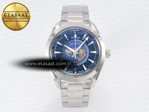 Omega Aqua Terra 150M 43mm Worldtimer 24 VSF Mavi A8938 Eta Saat - 1:1 Süper Klon Replika Saat