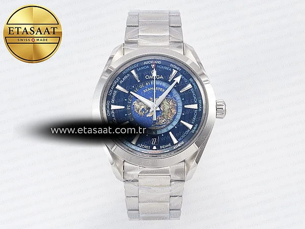 Omega Aqua Terra 150M 43mm Worldtimer 24 VSF Mavi A8938 Eta Saat - 1:1 Süper Klon Replika Saat