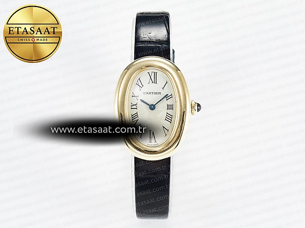 Cartier Baignoire 27mm Gümüş Kadran Sarı Altın Kasa Deri Kordon DRF Swiss Quartz Ref.24212 Super Clone ETA – Ön Cephe Kadran ve Kasa Görünümü