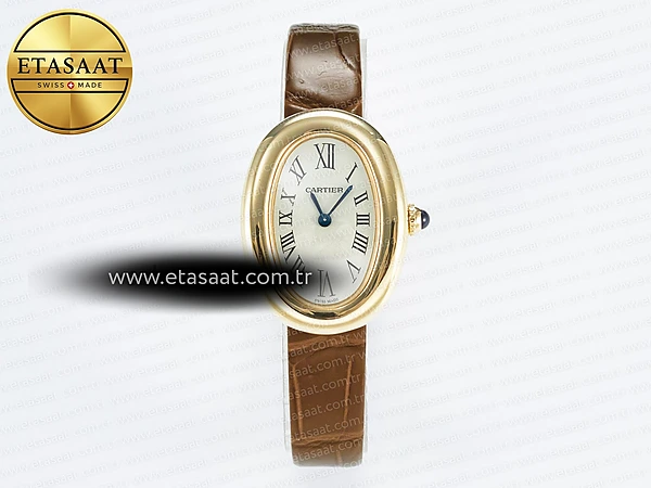 Cartier Baignoire 27mm Gümüş Kadran Sarı Altın Kasa Deri Kordon DRF Swiss Quartz Super Clone ETA – Ön Cephe Kadran ve Kasa Görünümü