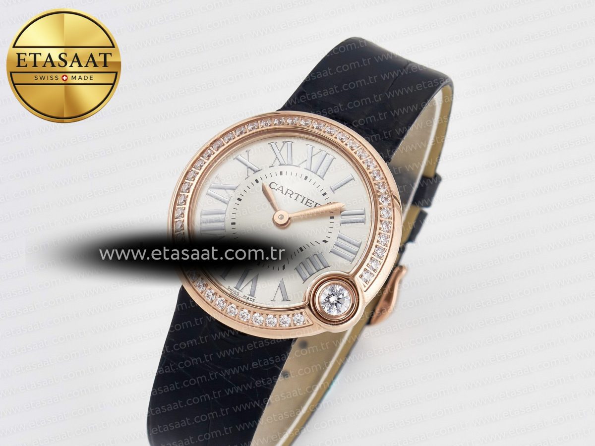 Cartier Ballon Blanc De Cartier 30mm RG DRF 1:1 Best Edition Silvered Texture Dial Diamonds Bezel on Black Leather Stra - Görsel 1