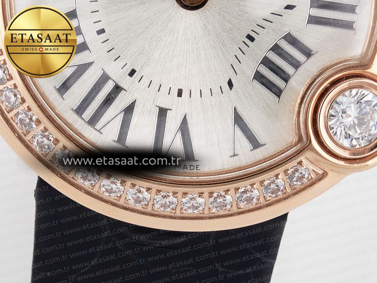 Cartier Ballon Blanc De Cartier 30mm RG DRF 1:1 Best Edition Silvered Texture Dial Diamonds Bezel on Black Leather Stra - Görsel 12