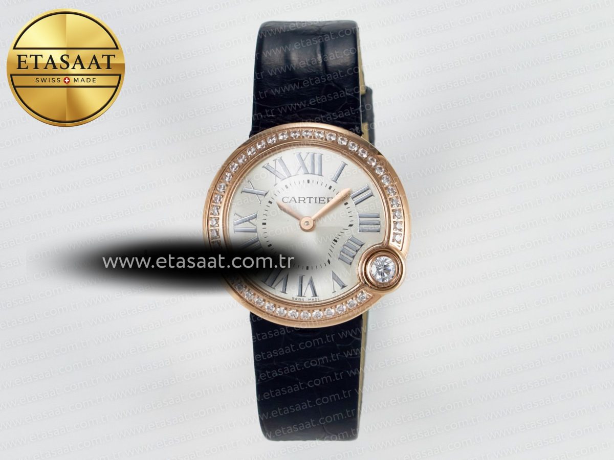 Cartier Ballon Blanc De Cartier 30mm RG DRF 1:1 Best Edition Silvered Texture Dial Diamonds Bezel on Black Leather Stra - Görsel 3