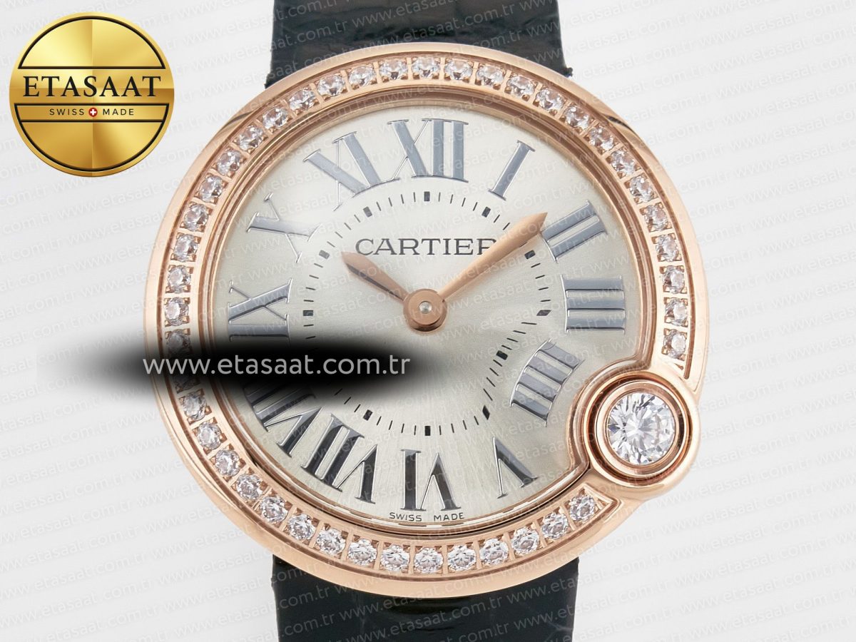 Cartier Ballon Blanc De Cartier 30mm RG DRF 1:1 Best Edition Silvered Texture Dial Diamonds Bezel on Black Leather Stra - Görsel 4