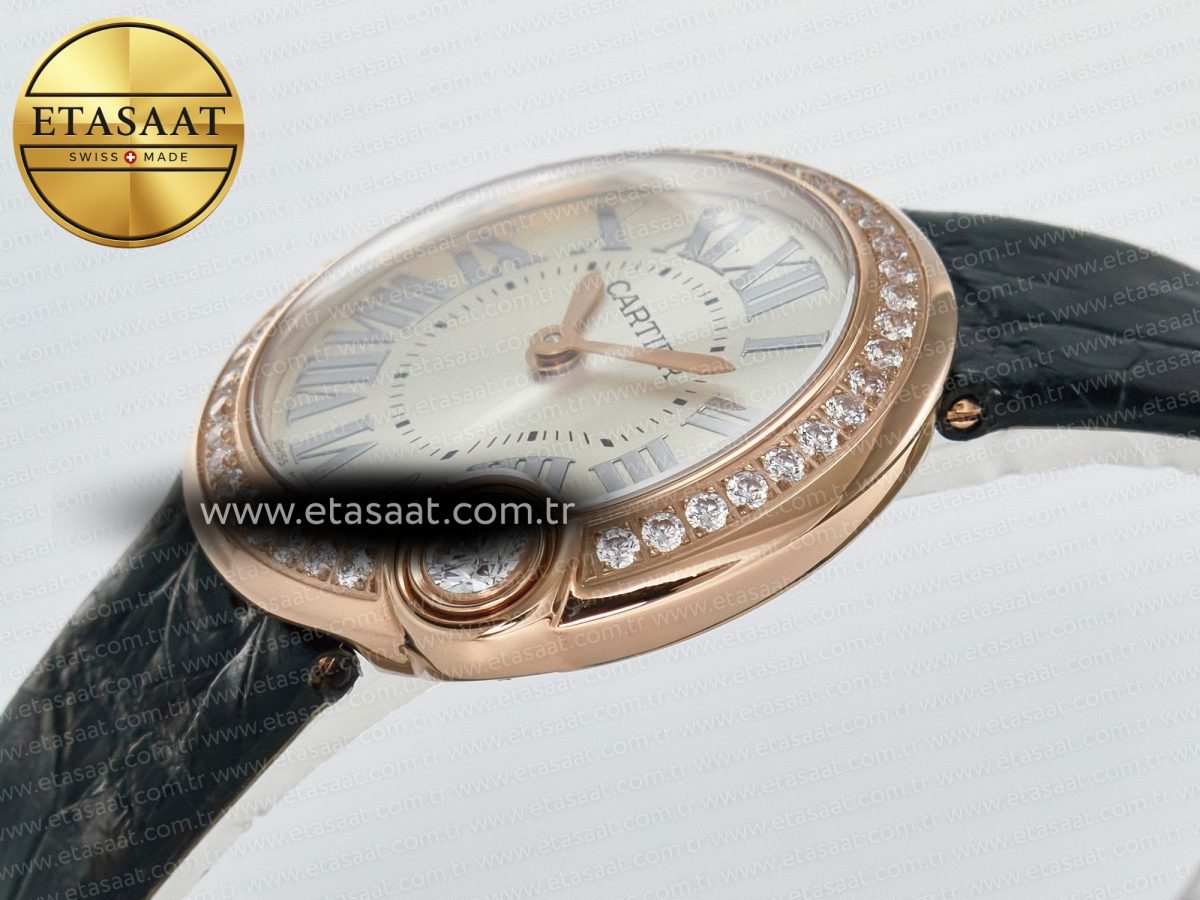 Cartier Ballon Blanc De Cartier 30mm RG DRF 1:1 Best Edition Silvered Texture Dial Diamonds Bezel on Black Leather Stra - Görsel 6
