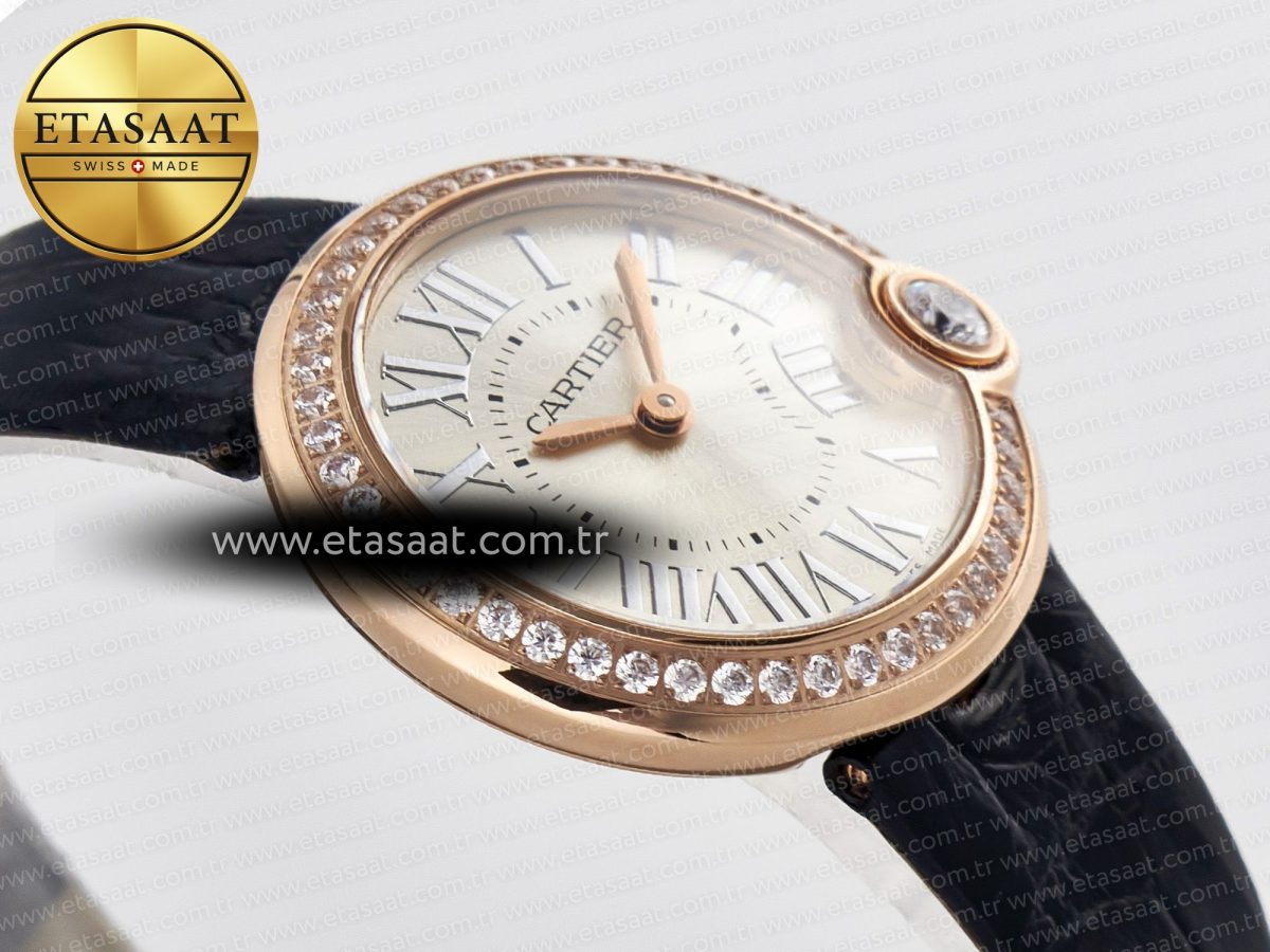 Cartier Ballon Blanc De Cartier 30mm RG DRF 1:1 Best Edition Silvered Texture Dial Diamonds Bezel on Black Leather Stra - Görsel 7