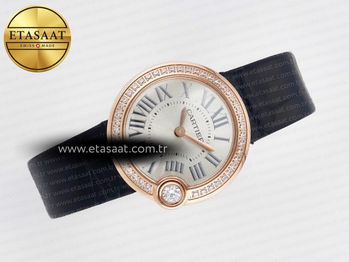 Cartier Ballon Blanc De Cartier 30mm RG DRF 1:1 Best Edition Silvered Texture Dial Diamonds Bezel on Black Leather Stra - Görsel 8