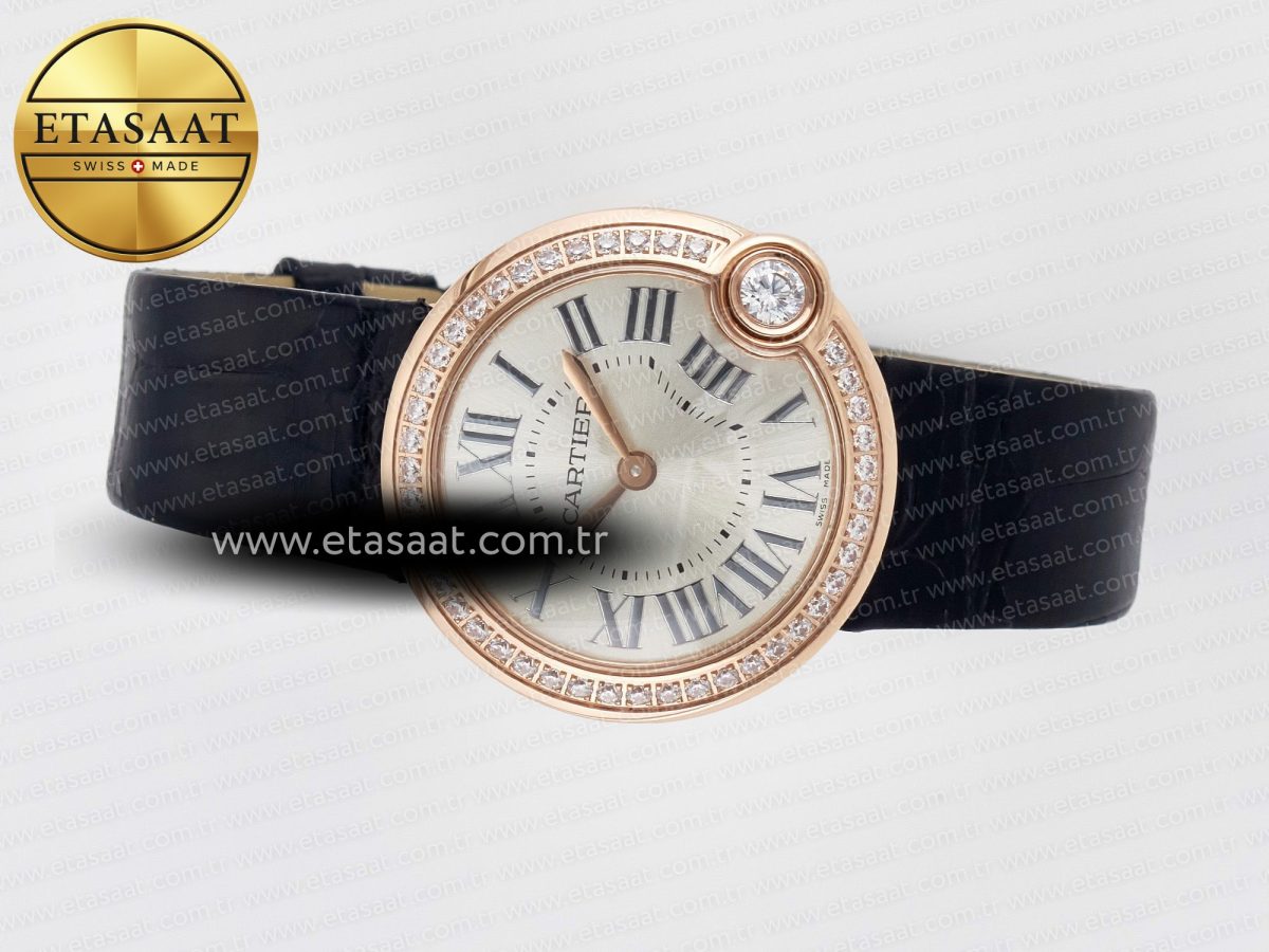 Cartier Ballon Blanc De Cartier 30mm RG DRF 1:1 Best Edition Silvered Texture Dial Diamonds Bezel on Black Leather Stra - Görsel 9