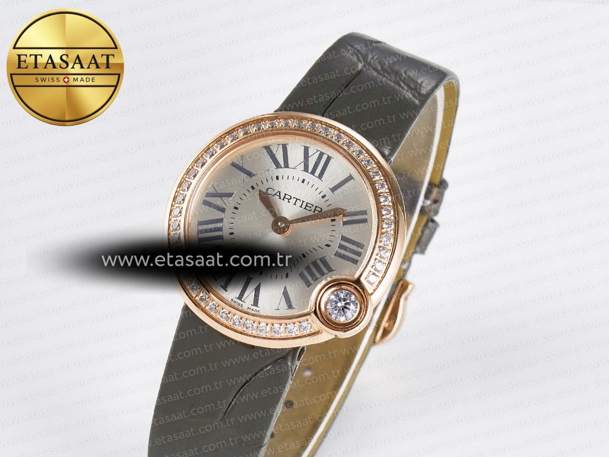 Cartier Ballon Blanc De Cartier 30mm RG DRF 1:1 Best Edition Silvered Texture Dial Diamonds Bezel on Green Leather Strap Ronda Quartz - Görsel 1