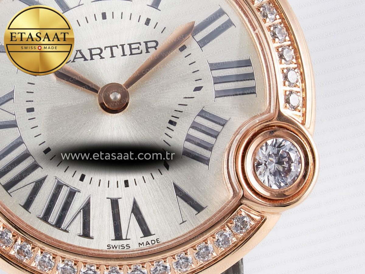 Cartier Ballon Blanc De Cartier 30mm RG DRF 1:1 Best Edition Silvered Texture Dial Diamonds Bezel on Green Leather Strap Ronda Quartz - Görsel 10