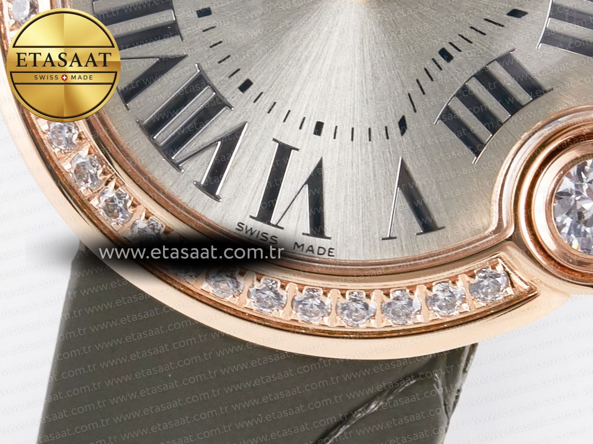 Cartier Ballon Blanc De Cartier 30mm RG DRF 1:1 Best Edition Silvered Texture Dial Diamonds Bezel on Green Leather Strap Ronda Quartz - Görsel 12