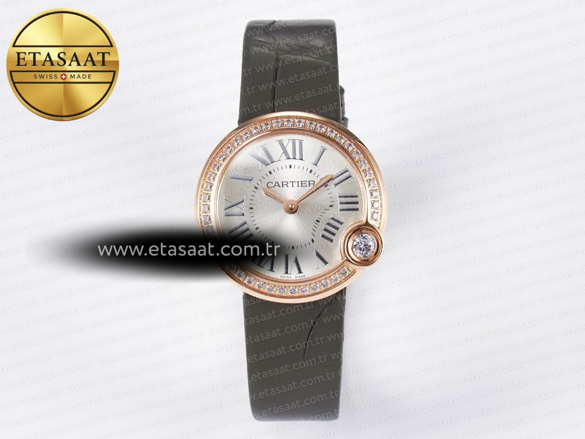 Cartier Ballon Blanc De Cartier 30mm RG DRF 1:1 Best Edition Silvered Texture Dial Diamonds Bezel on Green Leather Strap Ronda Quartz - Görsel 3