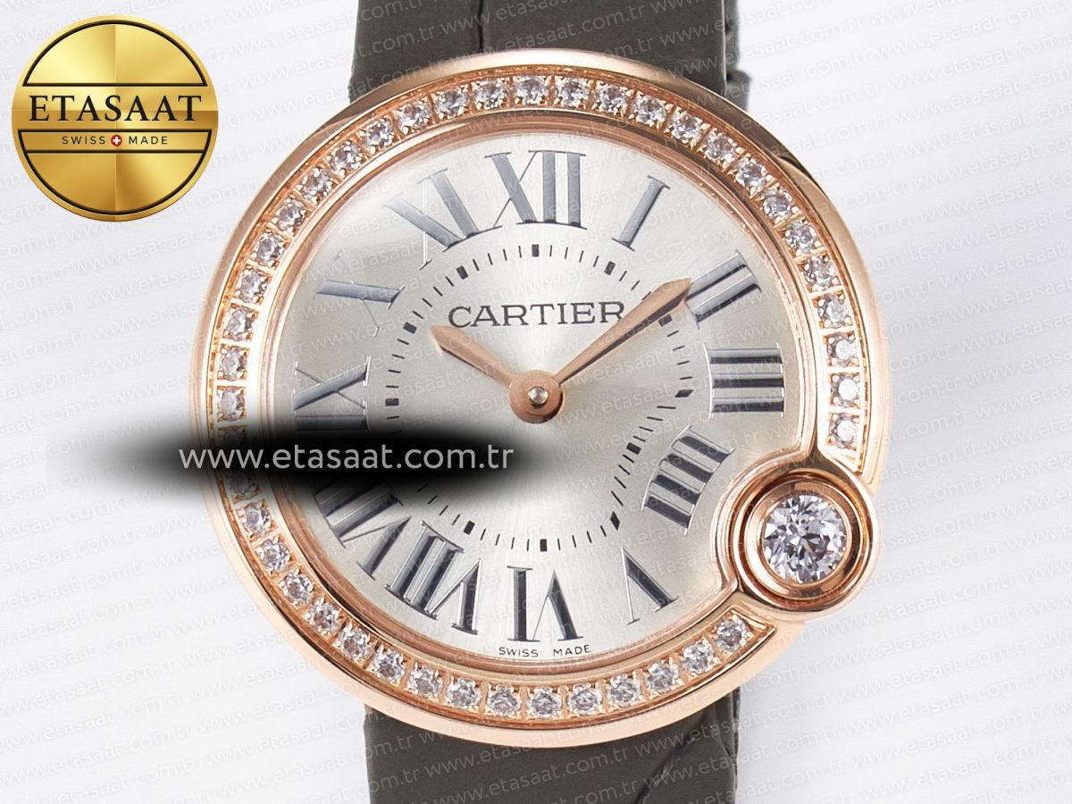 Cartier Ballon Blanc De Cartier 30mm RG DRF 1:1 Best Edition Silvered Texture Dial Diamonds Bezel on Green Leather Strap Ronda Quartz - Görsel 4