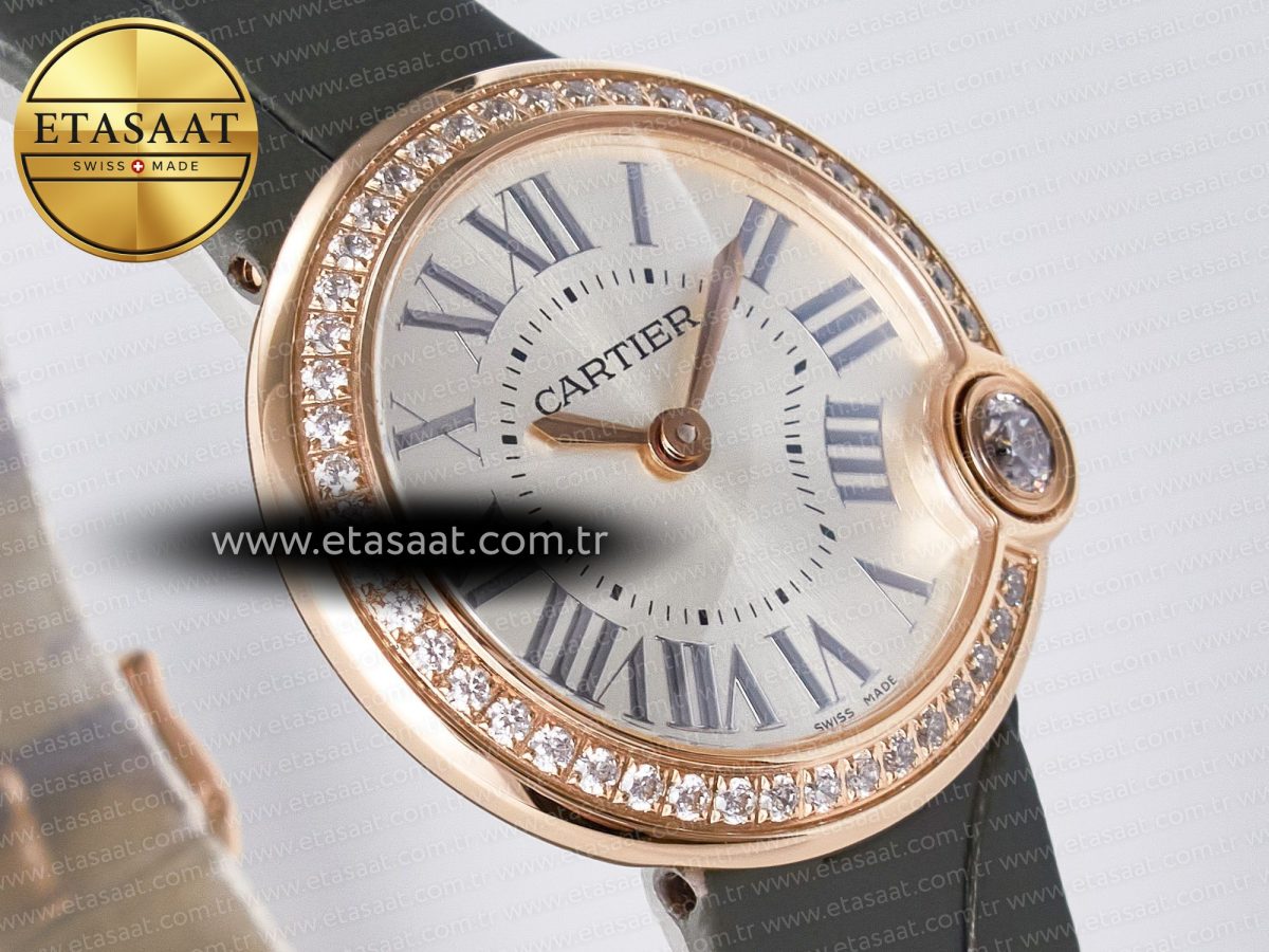 Cartier Ballon Blanc De Cartier 30mm RG DRF 1:1 Best Edition Silvered Texture Dial Diamonds Bezel on Green Leather Strap Ronda Quartz - Görsel 5