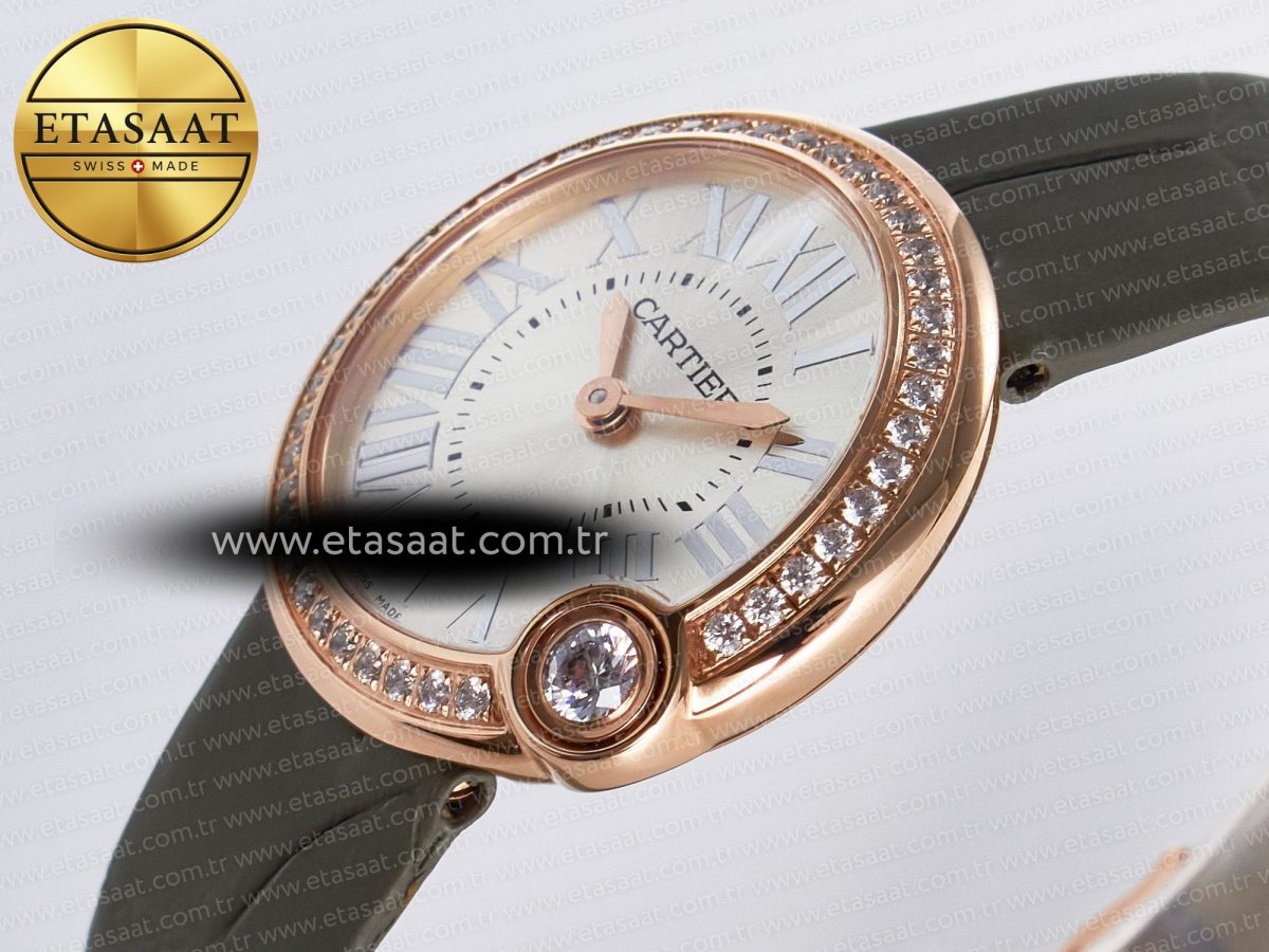 Cartier Ballon Blanc De Cartier 30mm RG DRF 1:1 Best Edition Silvered Texture Dial Diamonds Bezel on Green Leather Strap Ronda Quartz - Görsel 6