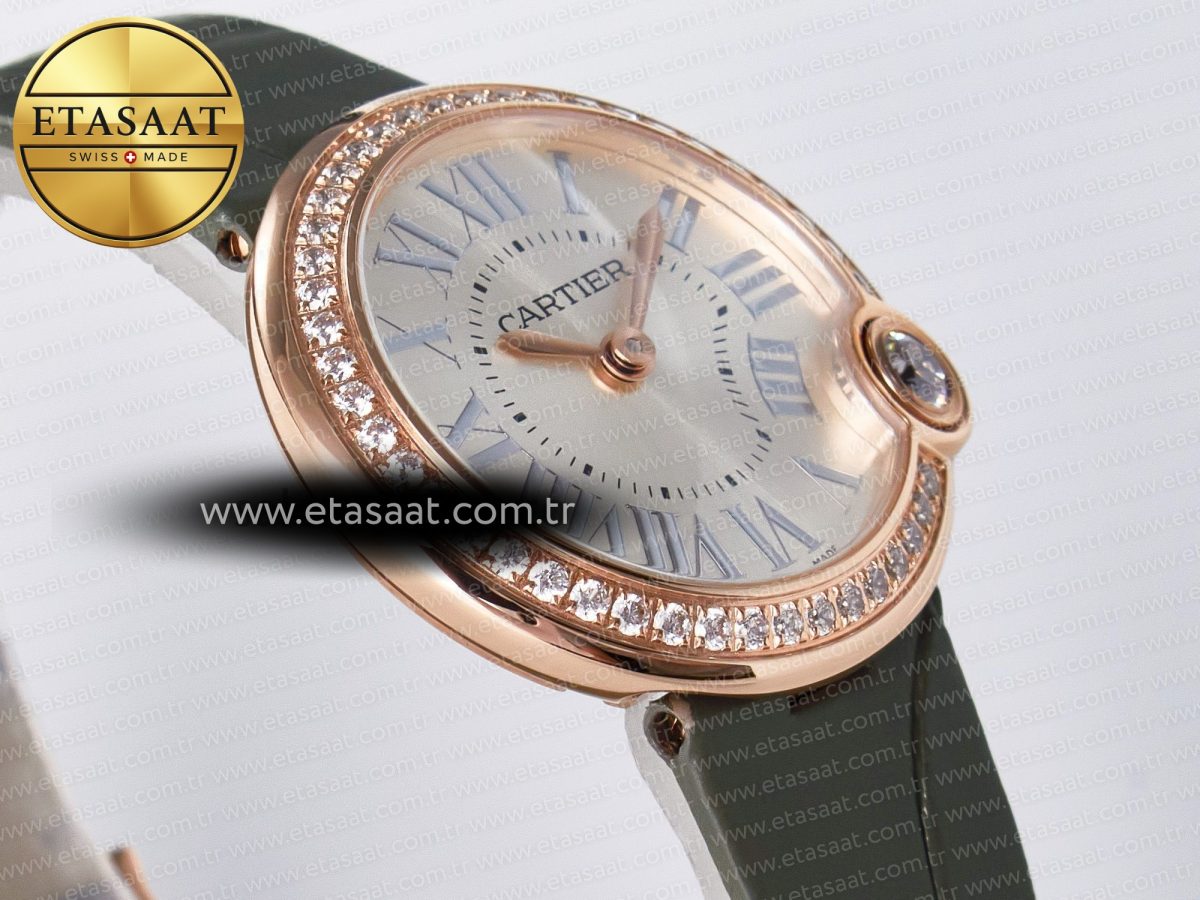 Cartier Ballon Blanc De Cartier 30mm RG DRF 1:1 Best Edition Silvered Texture Dial Diamonds Bezel on Green Leather Strap Ronda Quartz - Görsel 7