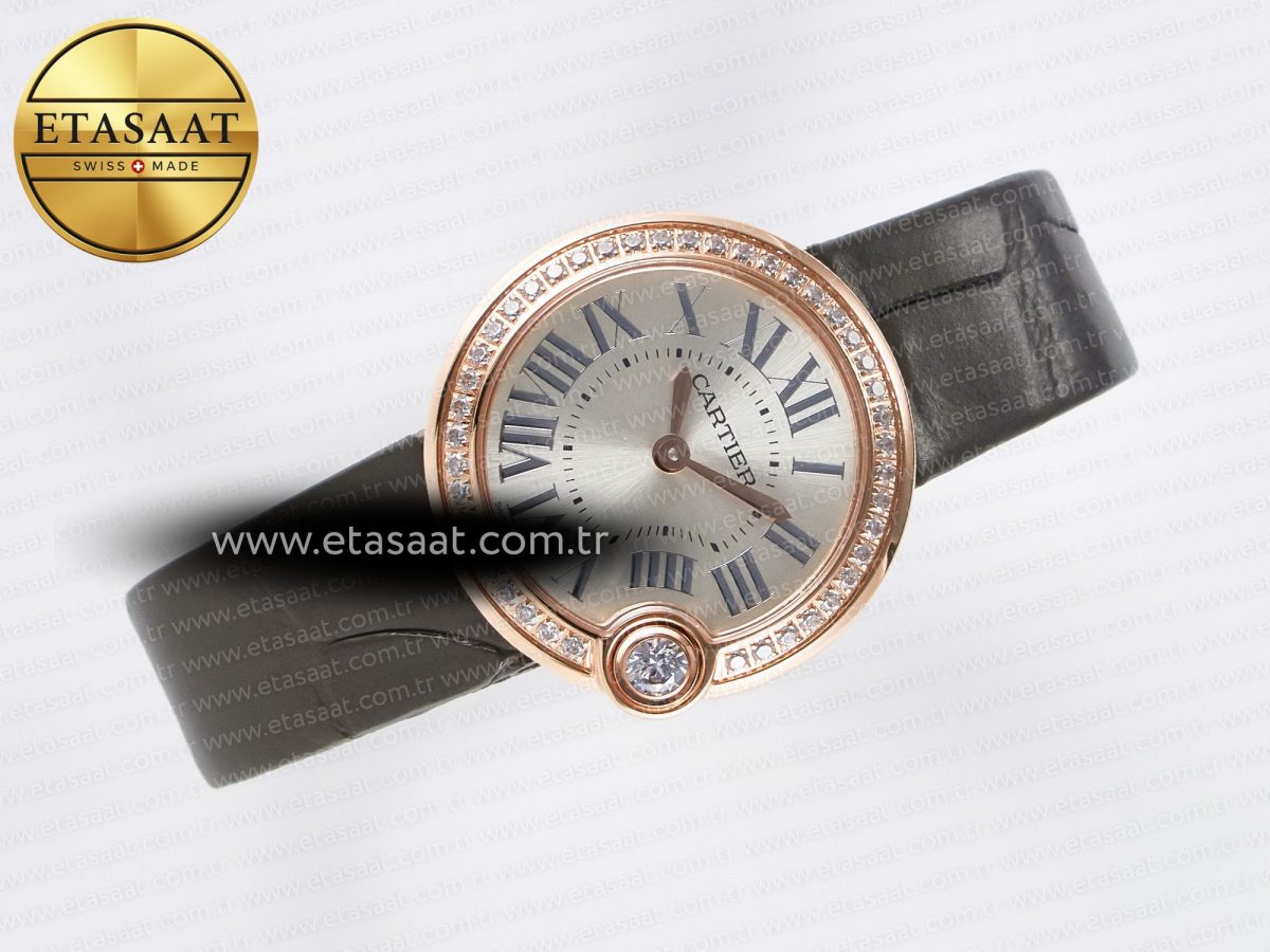 Cartier Ballon Blanc De Cartier 30mm RG DRF 1:1 Best Edition Silvered Texture Dial Diamonds Bezel on Green Leather Strap Ronda Quartz - Görsel 8
