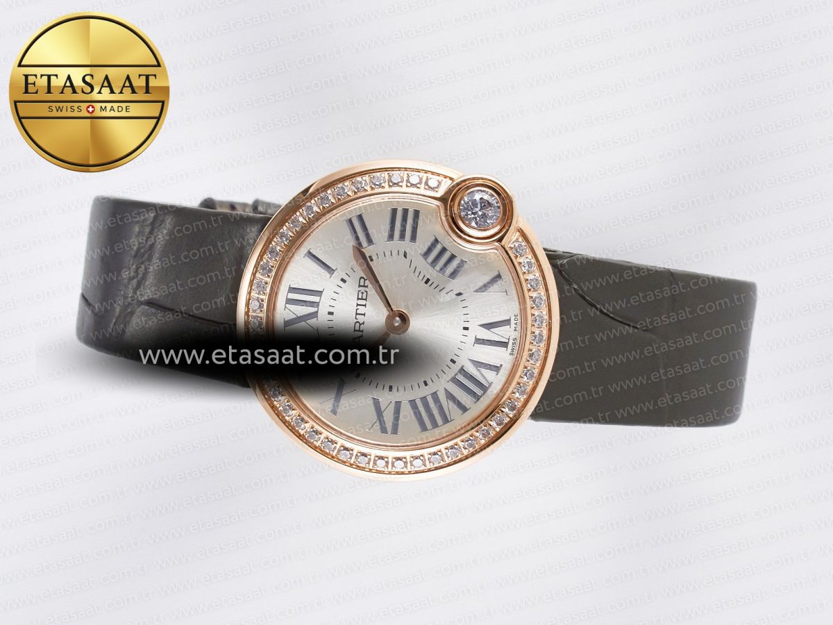 Cartier Ballon Blanc De Cartier 30mm RG DRF 1:1 Best Edition Silvered Texture Dial Diamonds Bezel on Green Leather Strap Ronda Quartz - Görsel 9