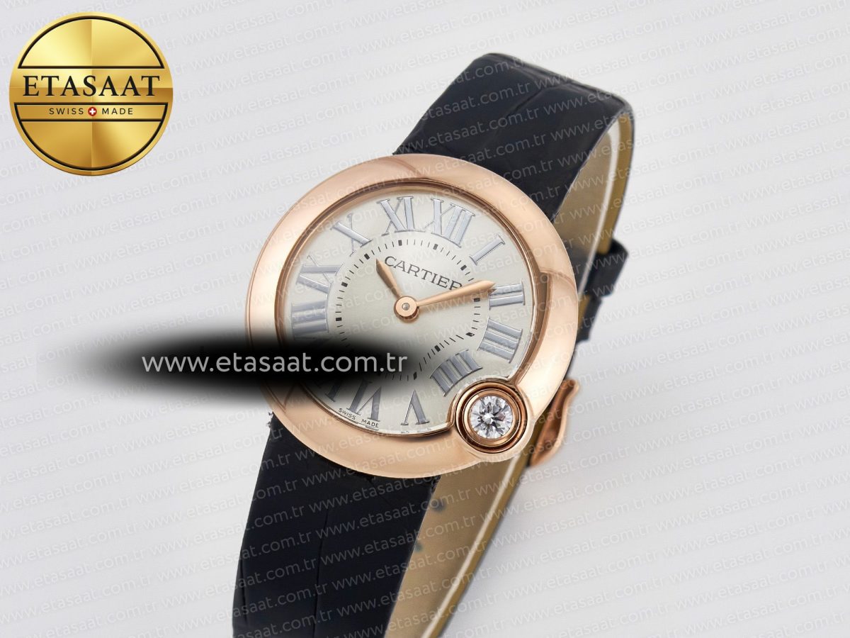 Cartier Ballon Blanc De Cartier 30mm RG DRF 1:1 Best Edition Silvered Texture Dial on Black Leather Strap Ronda Quartz - Görsel 1