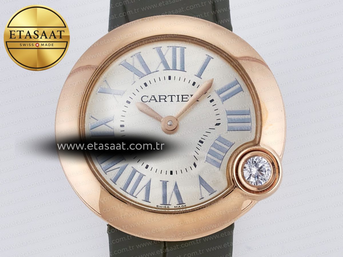 Cartier Ballon Blanc De Cartier 30mm RG DRF 1:1 Best Edition Silvered Texture Dial on Green Leather Strap Ronda Quartz - Görsel 4
