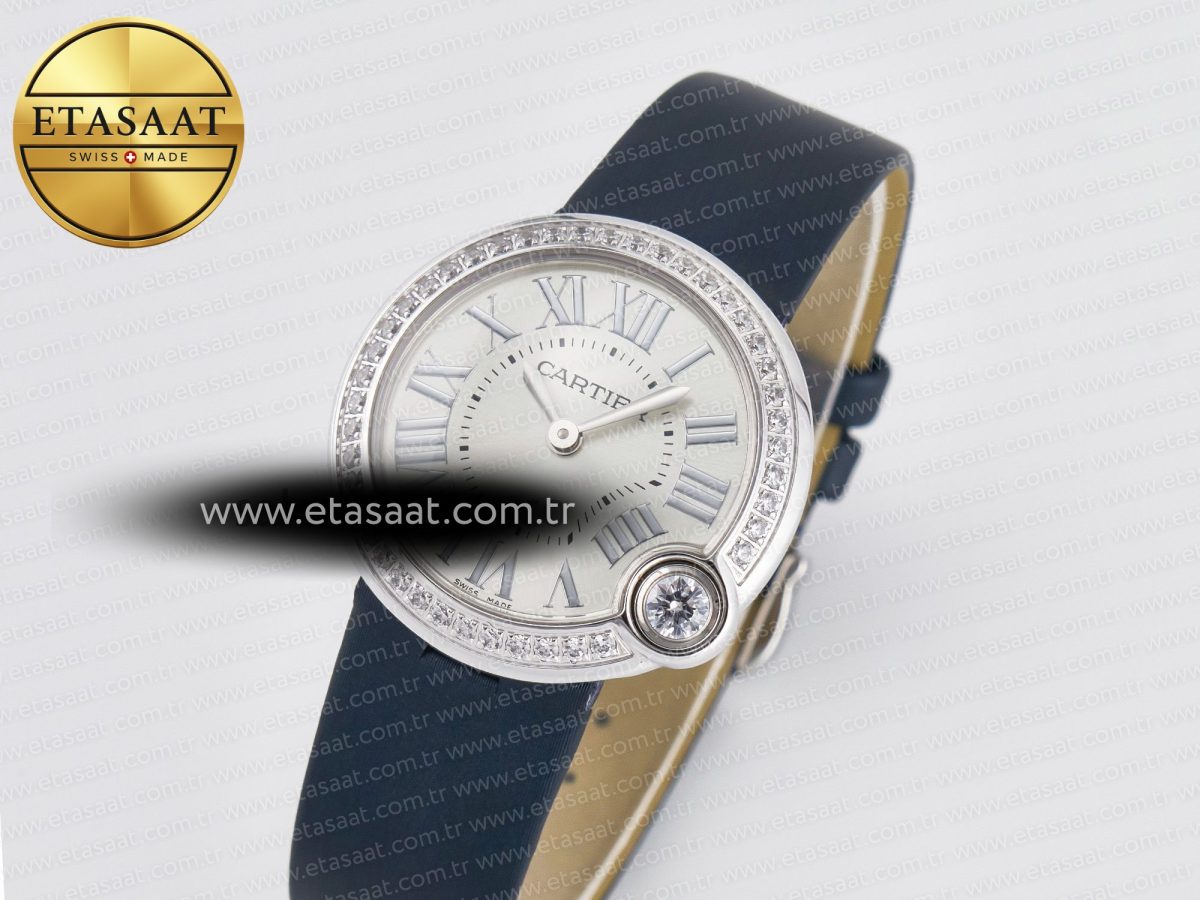 Cartier Ballon Blanc De Cartier 30mm SS DRF 1:1 Best Edition Silvered Texture Dial Diamonds Bezel on Blue Calfskin Strap Ronda Quartz - Görsel 1