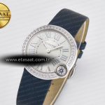 Cartier Ballon Blanc De Cartier 30mm SS DRF 1:1 Best Edition Silvered Texture Dial Diamonds Bezel on Blue Calfskin Strap Ronda Quartz