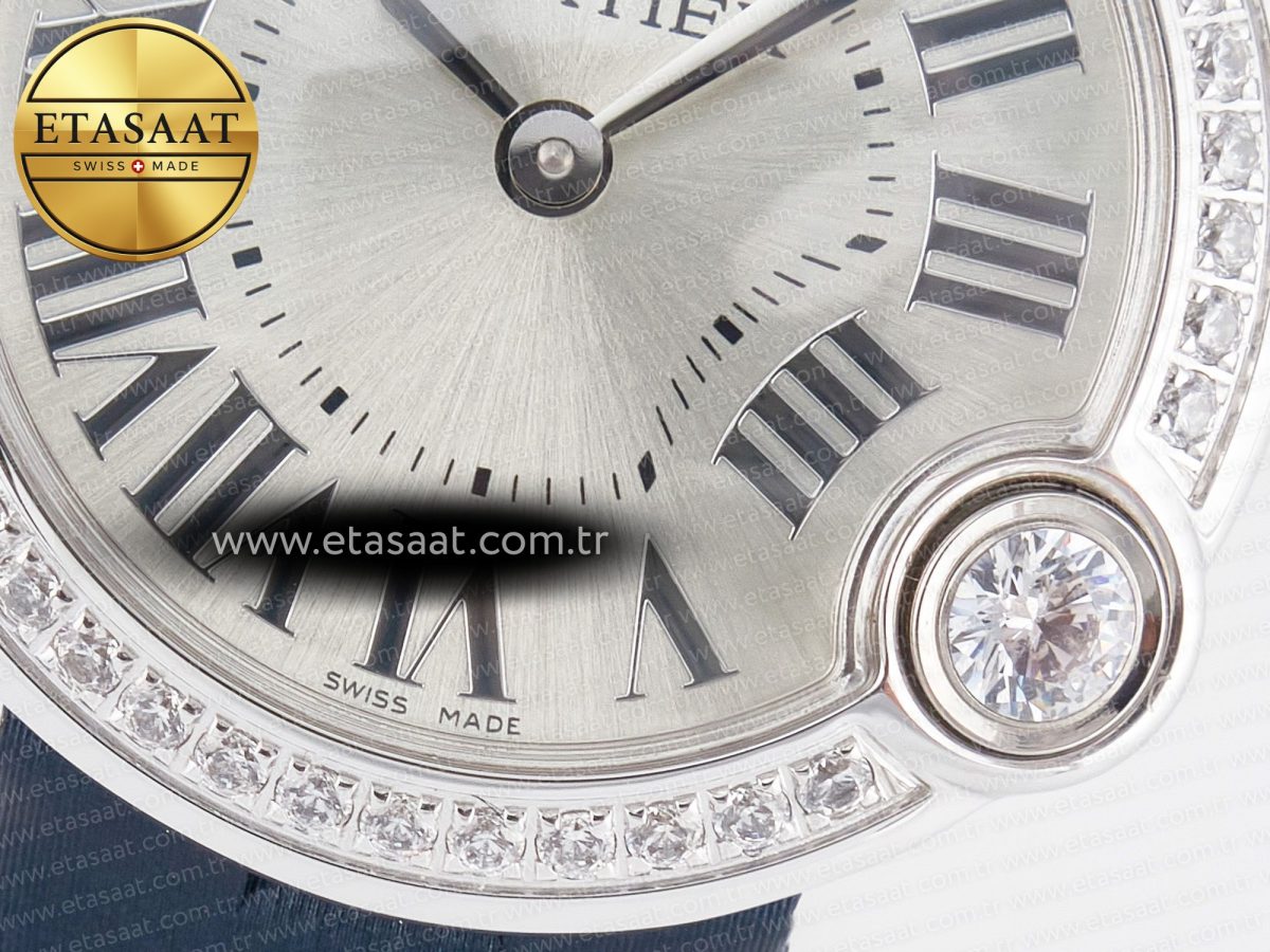 Cartier Ballon Blanc De Cartier 30mm SS DRF 1:1 Best Edition Silvered Texture Dial Diamonds Bezel on Blue Calfskin Strap Ronda Quartz - Görsel 11