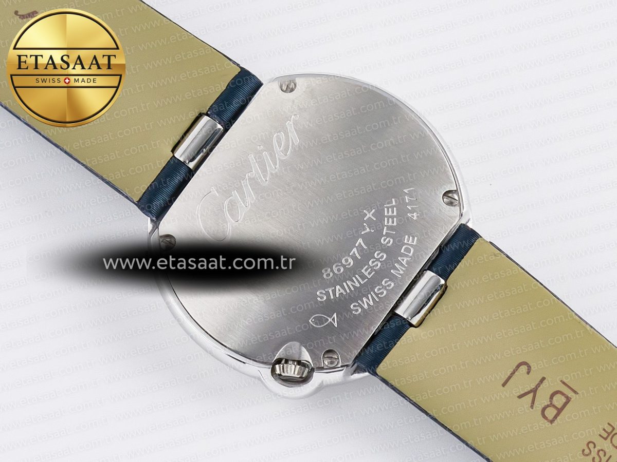 Cartier Ballon Blanc De Cartier 30mm SS DRF 1:1 Best Edition Silvered Texture Dial Diamonds Bezel on Blue Calfskin Strap Ronda Quartz - Görsel 15