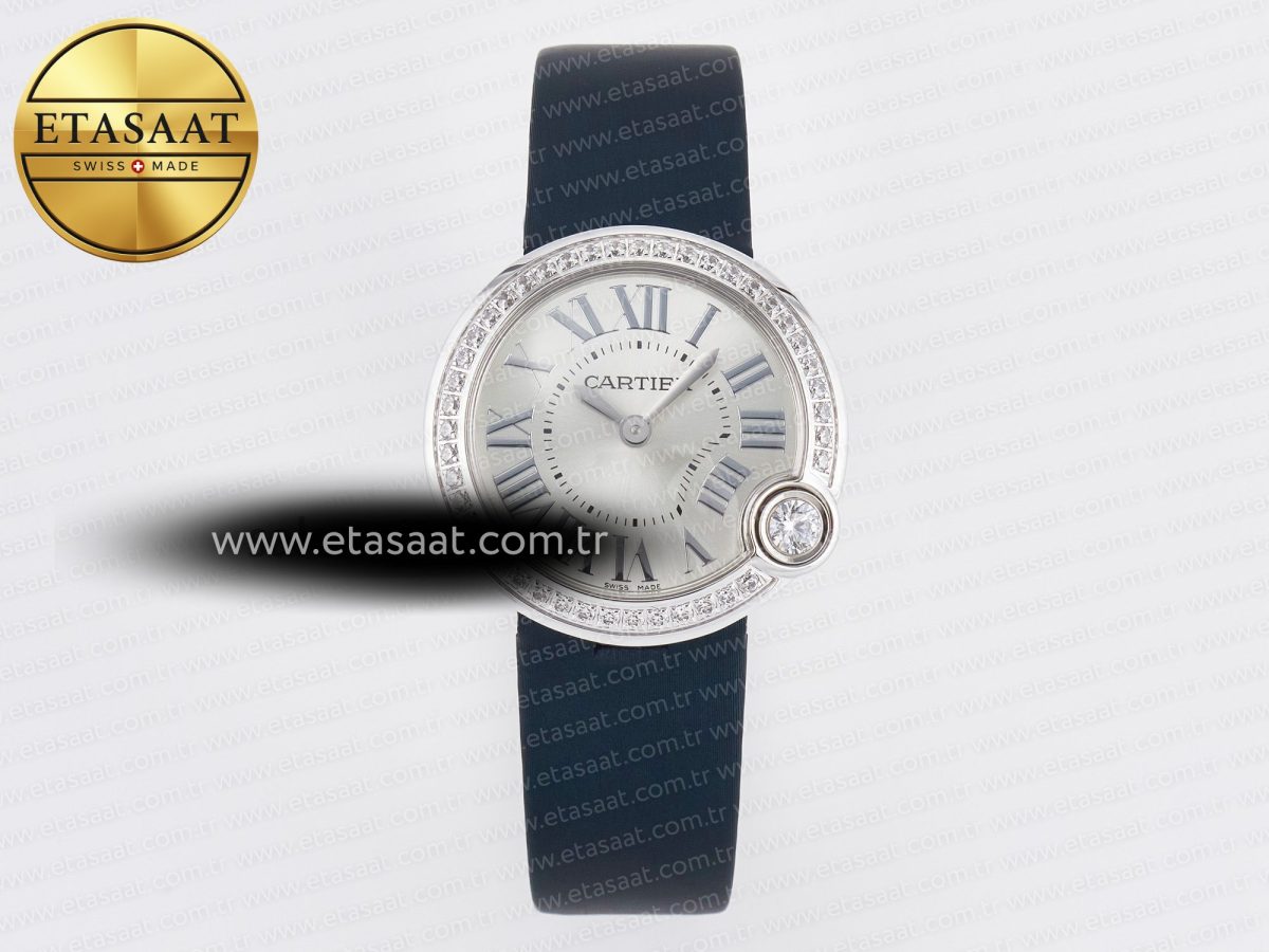 Cartier Ballon Blanc De Cartier 30mm SS DRF 1:1 Best Edition Silvered Texture Dial Diamonds Bezel on Blue Calfskin Strap Ronda Quartz - Görsel 3