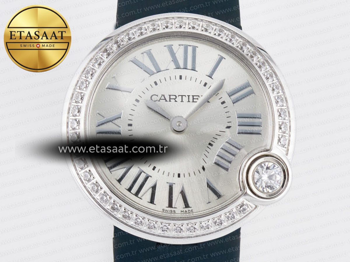 Cartier Ballon Blanc De Cartier 30mm SS DRF 1:1 Best Edition Silvered Texture Dial Diamonds Bezel on Blue Calfskin Strap Ronda Quartz - Görsel 4