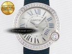 Cartier Ballon Blanc De Cartier 30mm SS DRF 1:1 Best Edition Silvered Texture Dial Diamonds Bezel on Blue Calfskin Strap Ronda Quartz - Görsel 4