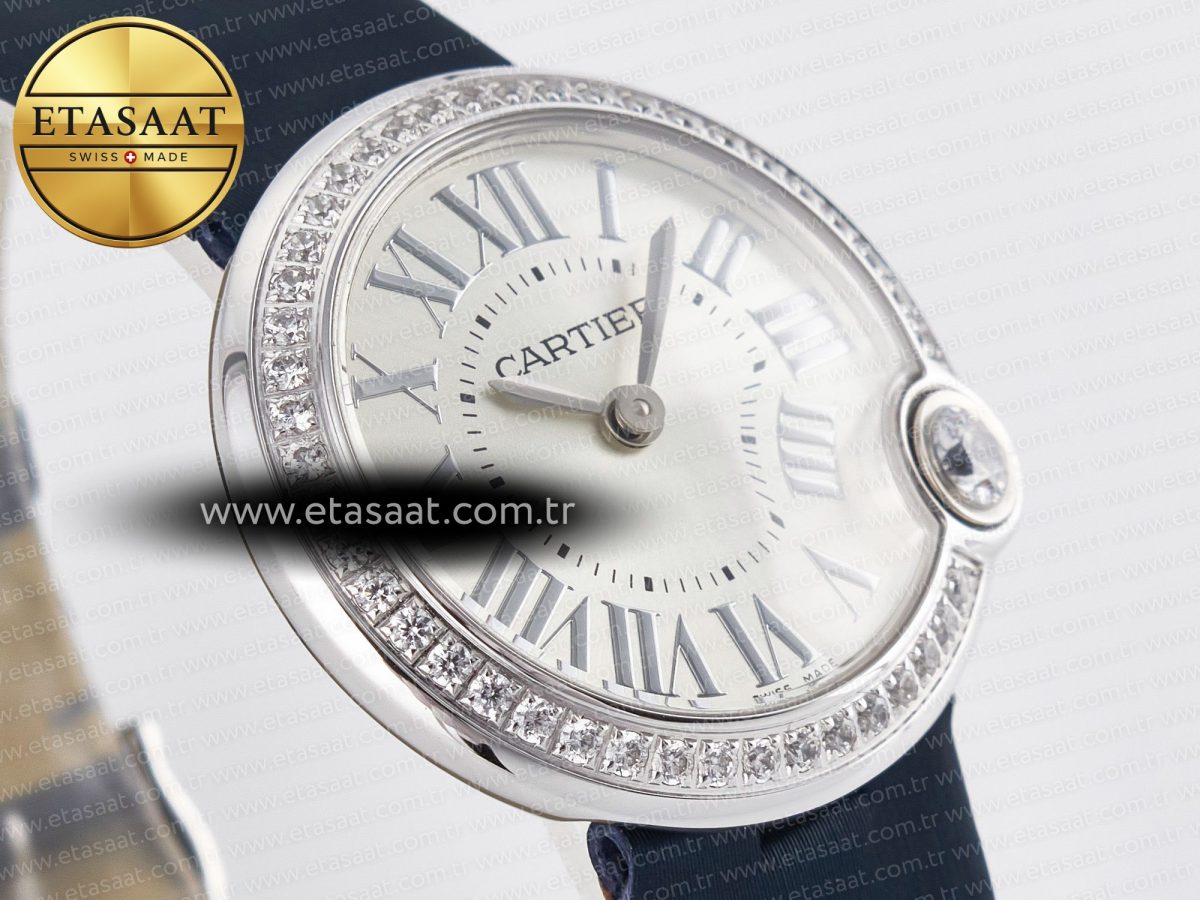 Cartier Ballon Blanc De Cartier 30mm SS DRF 1:1 Best Edition Silvered Texture Dial Diamonds Bezel on Blue Calfskin Strap Ronda Quartz - Görsel 5