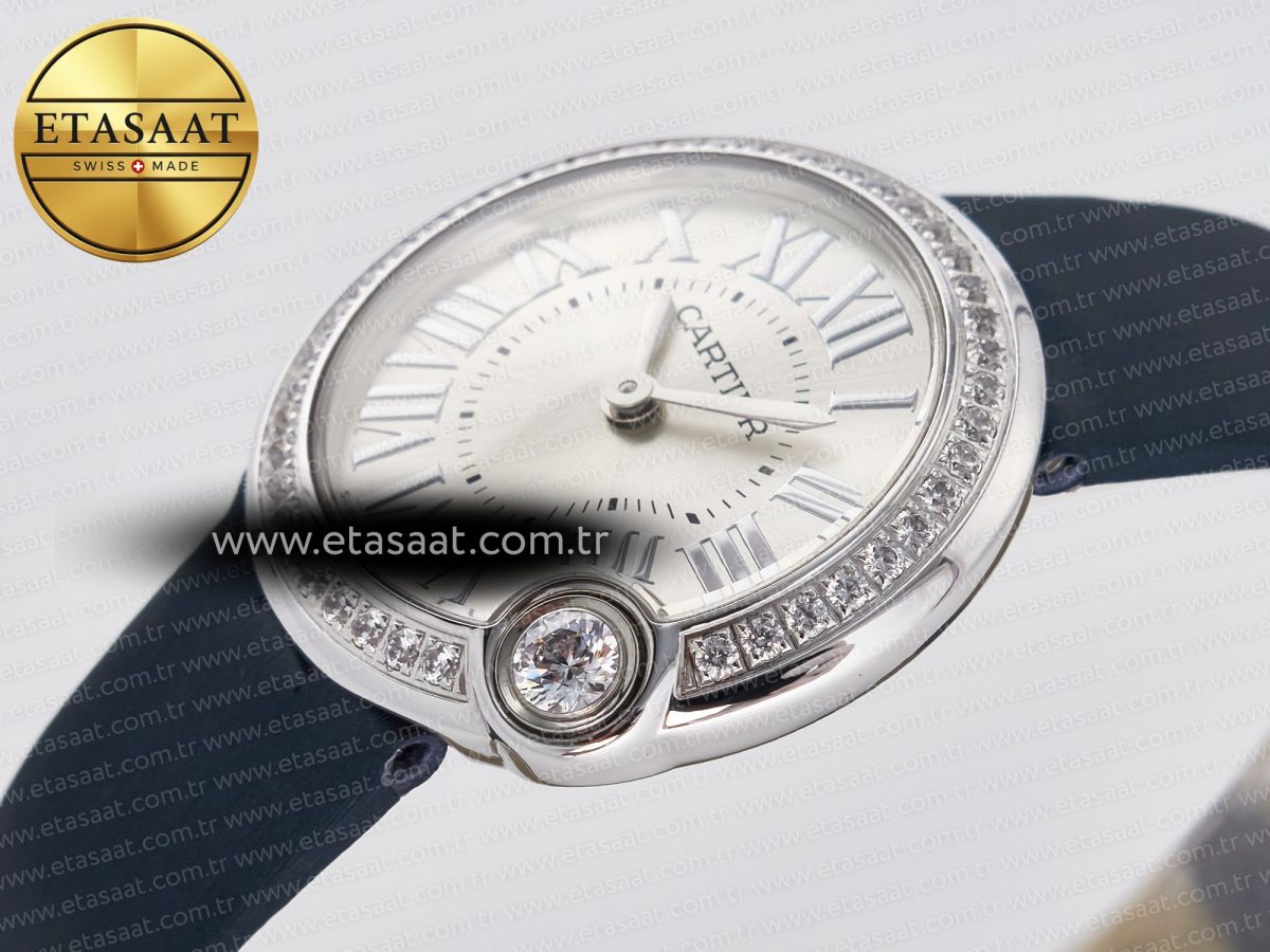 Cartier Ballon Blanc De Cartier 30mm SS DRF 1:1 Best Edition Silvered Texture Dial Diamonds Bezel on Blue Calfskin Strap Ronda Quartz - Görsel 6