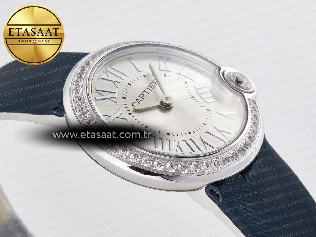 Cartier Ballon Blanc De Cartier 30mm SS DRF 1:1 Best Edition Silvered Texture Dial Diamonds Bezel on Blue Calfskin Strap Ronda Quartz - Görsel 7
