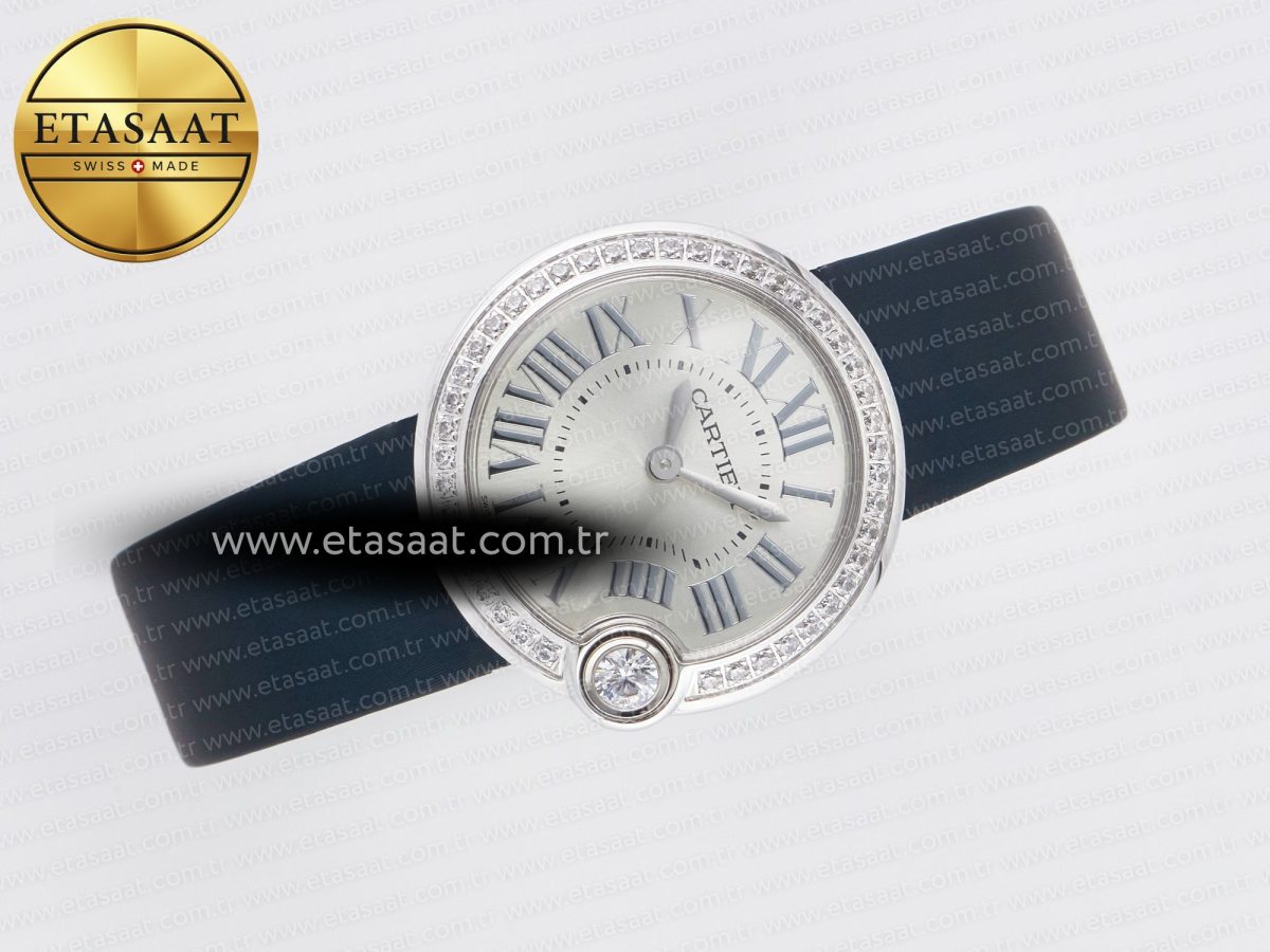 Cartier Ballon Blanc De Cartier 30mm SS DRF 1:1 Best Edition Silvered Texture Dial Diamonds Bezel on Blue Calfskin Strap Ronda Quartz - Görsel 8