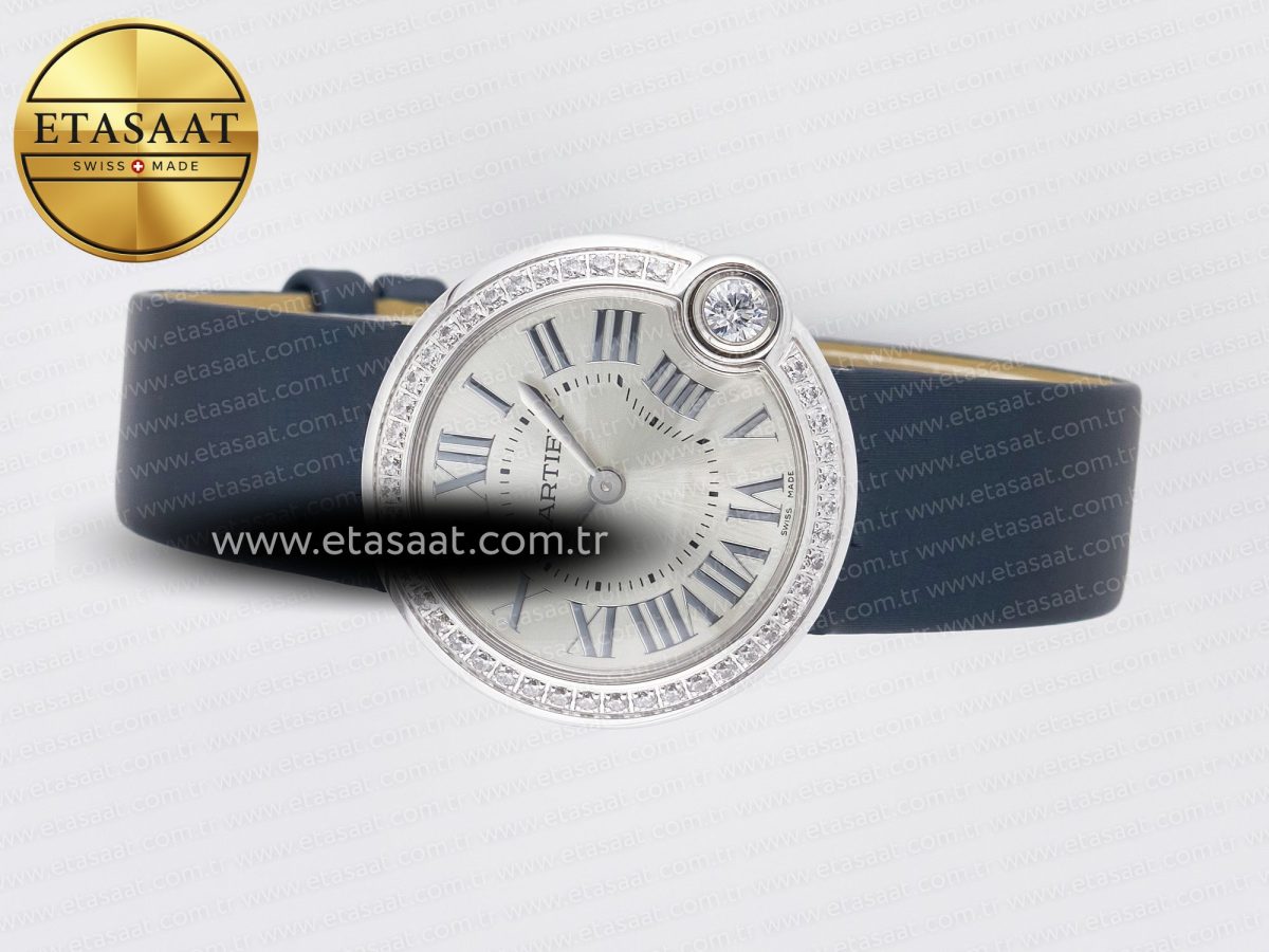 Cartier Ballon Blanc De Cartier 30mm SS DRF 1:1 Best Edition Silvered Texture Dial Diamonds Bezel on Blue Calfskin Strap Ronda Quartz - Görsel 9