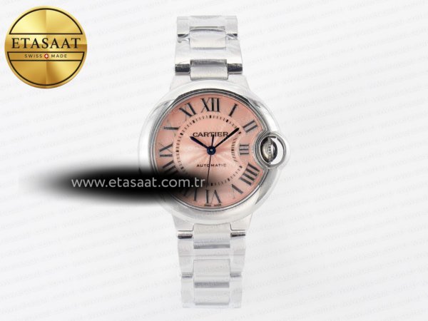 Cartier Ballon Bleu 33mm AF Pembe Kadran Seiko NH05A Eta Saat - 1:1 Süper Klon Replika Saat