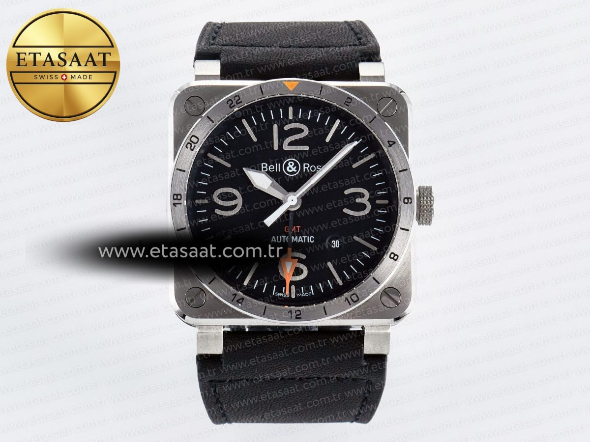 Bell Ross BR03-93 GMT BRF 1:1 Best Edition Black Dial on Black Leather Strap A2824 - Görsel 3