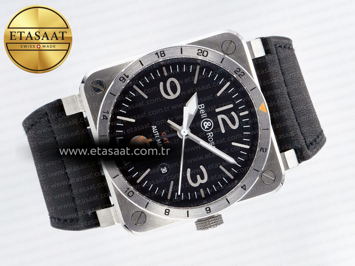 Bell Ross BR03-93 GMT BRF 1:1 Best Edition Black Dial on Black Leather Strap A2824 - Görsel 8