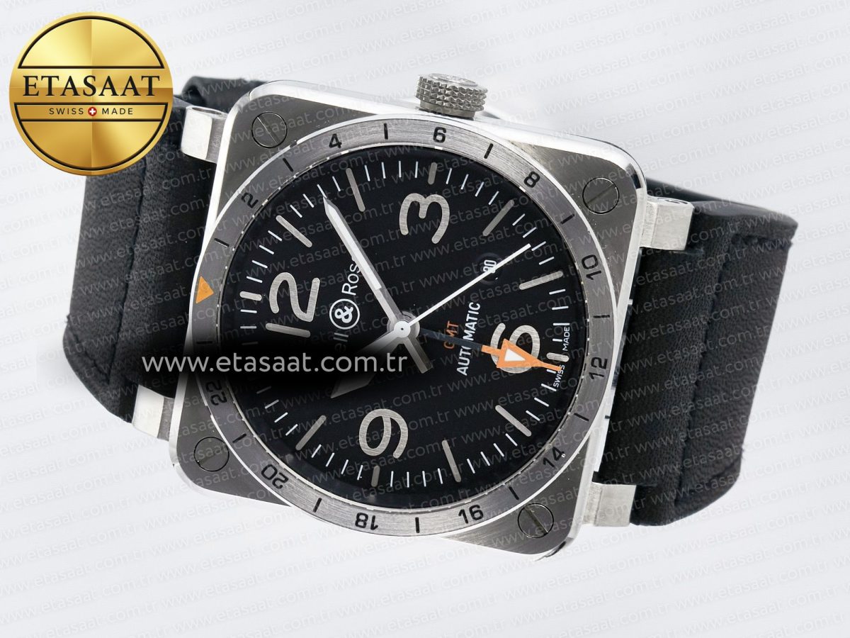 Bell Ross BR03-93 GMT BRF 1:1 Best Edition Black Dial on Black Leather Strap A2824 - Görsel 9