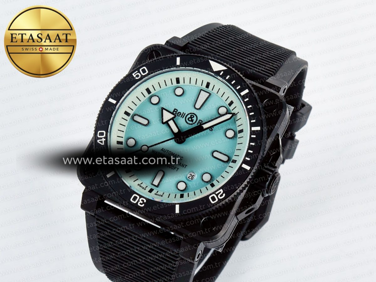 Bell Ross BR03 Diver BRF 1:1 Best Edition Pale Blue Dial on Black Rubber Strap A2824 - Görsel 2