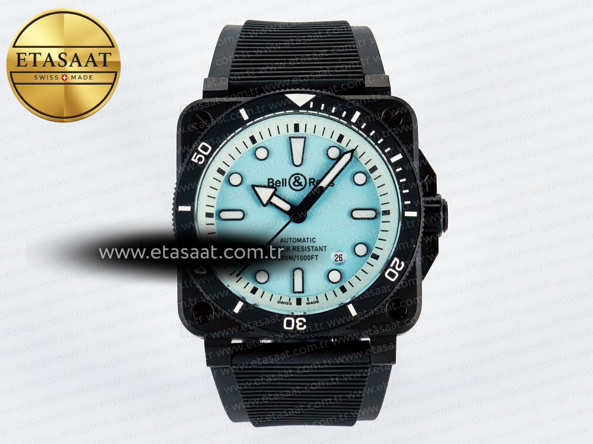 Bell Ross BR03 Diver BRF 1:1 Best Edition Pale Blue Dial on Black Rubber Strap A2824 - Görsel 3